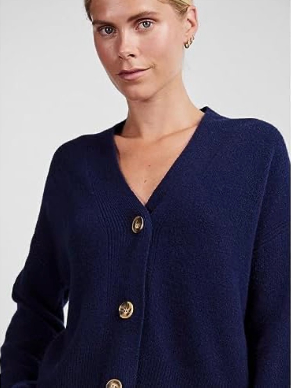 YAS Classic V-Neck Navy Button-Front Women's Cardigan Sweater - Picture 3 of 5